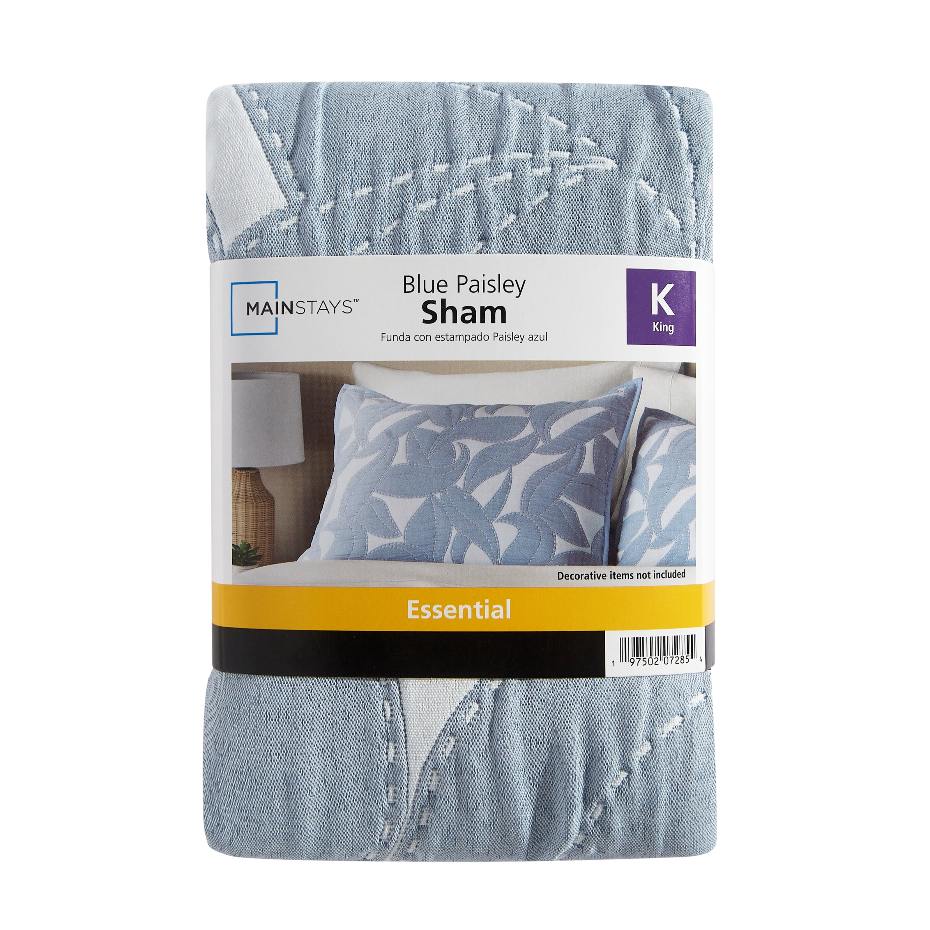 Mainstays Iris Leaf Stitched Pillow Sham, King, Light Blue, 1 Pack