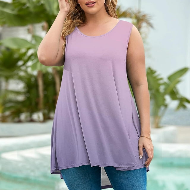 Meichang Débardeurs Sans Manches pour Femmes Été Grande Taille Tunique Tendance Dégradé Col Rond Décontracté Ample
