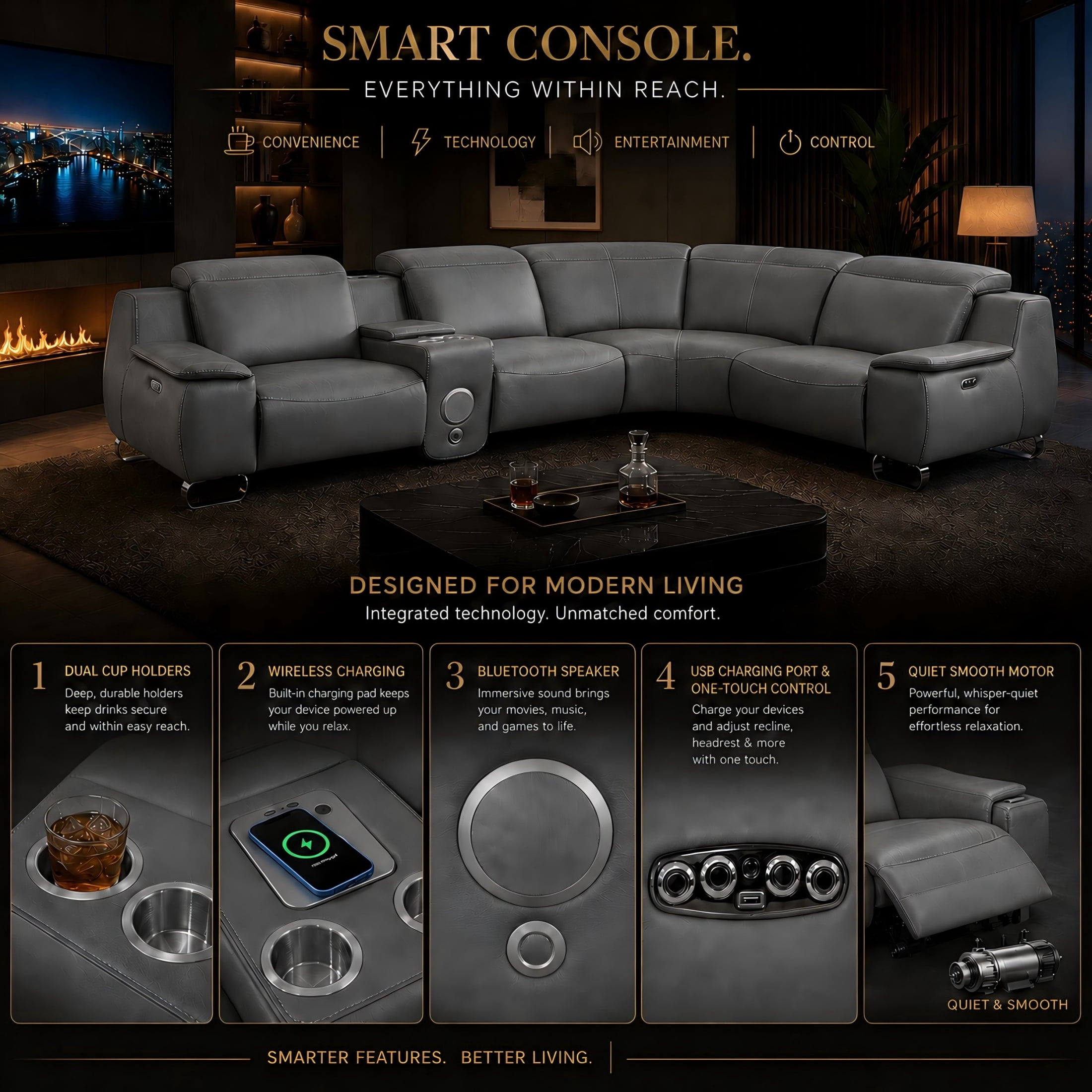 Aenkyo L-Shaped Faux Leather Power Reclining Sectional Sofa with Speaker and Wireless Charging, Gray
