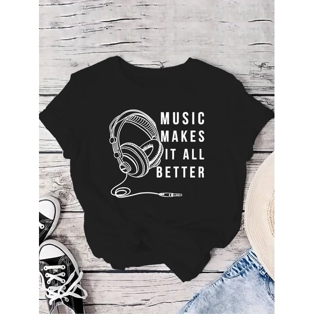 Vibrant Letter Print Crew Neck T-Shirt - Soft, Breathable, Casual Short Sleeve Tee for Spring & Summer - Women's Fashion Clothing with Earphone Design