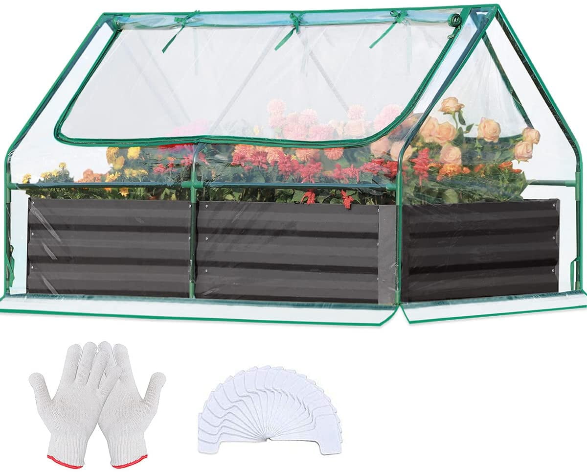 Clear Quictent 6x3x1ft Galvanized Raised Garden Bed with Cover Metal Planter Box Kit w/ 2 Large Screen Windows Mini Greenhouse 20pcs T Tags 1 Pair of Gloves Included Outdoor Growing Vegetables 
