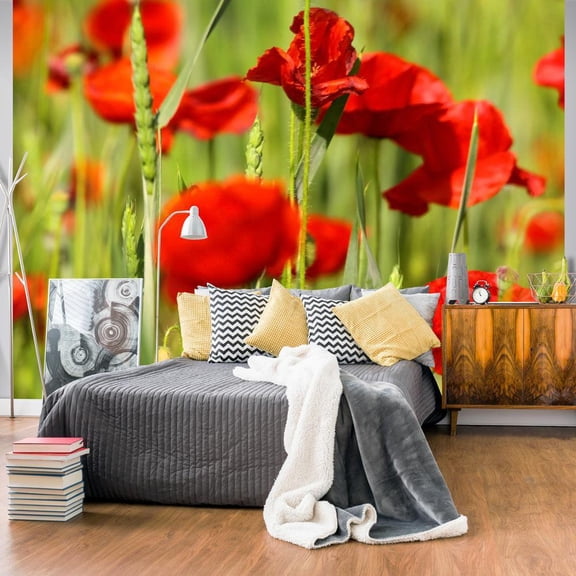 Tiptophomedecor Floral Wallpaper Wall Mural - Cereal Field With Poppies