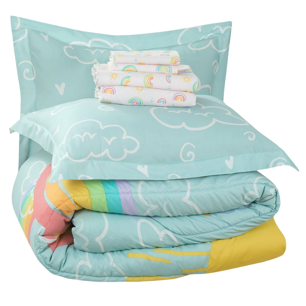 Full 7-Piece Comforter Set, Kidz Mix Rainbow Clouds Super Soft Bed in a Bag with Reversible Comforter and Sheet Set