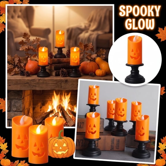 Halloween Pumpkin Decor, 6 Pcs Flameless Pumpkin Candles, Indoor Halloween Table Decorations for Home Party, 2 Inch Halloween Led Lights with Black Candle Holders for Spooky