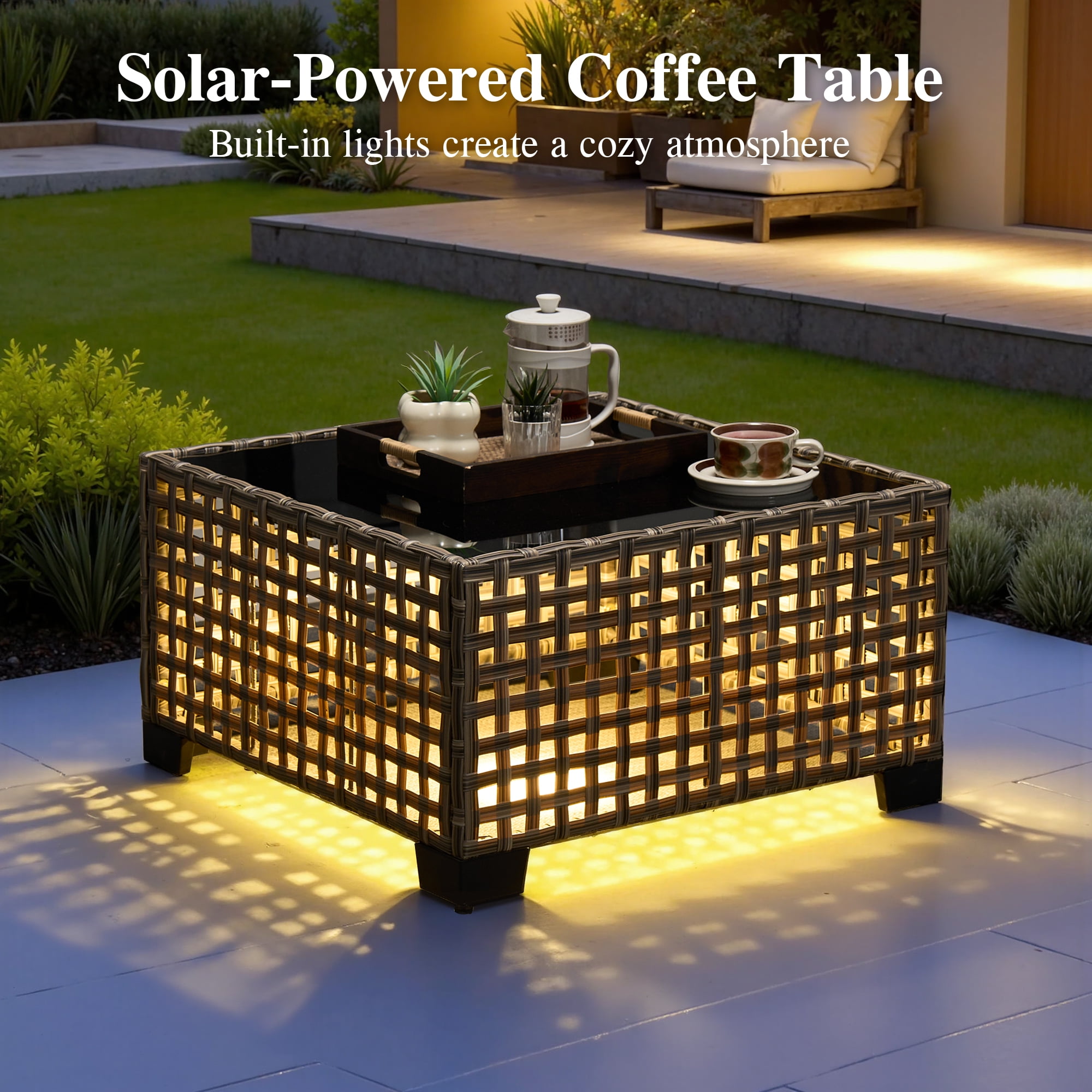 Ovios 6-Piece Outdoor Patio Furniture Set with Solar-Powered Lighted Coffee Table, All-Weather Wicker L-Shaped Sectional Sofa, Beige
