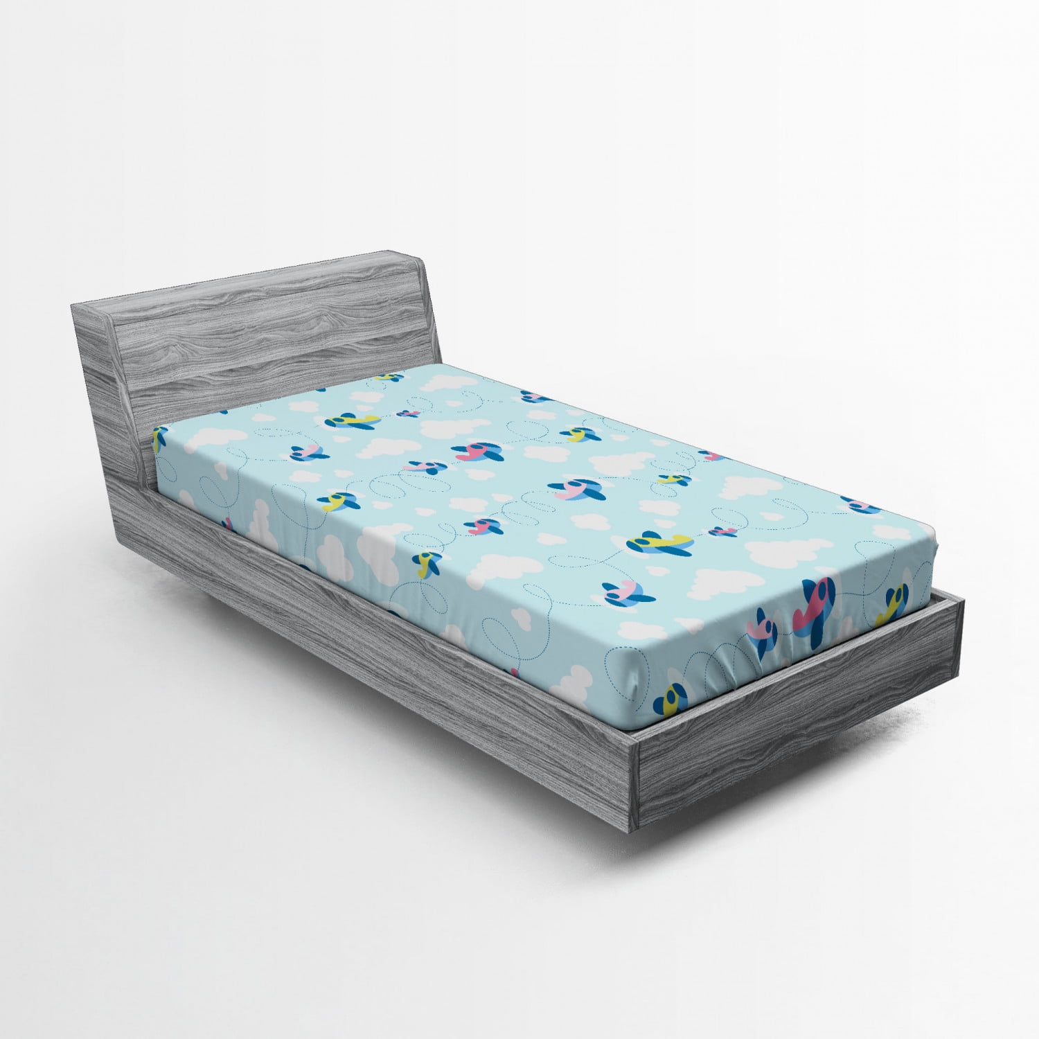 Plane Fitted Sheet, Cartoon Style Sky with Airplanes and Clouds Swirls ...