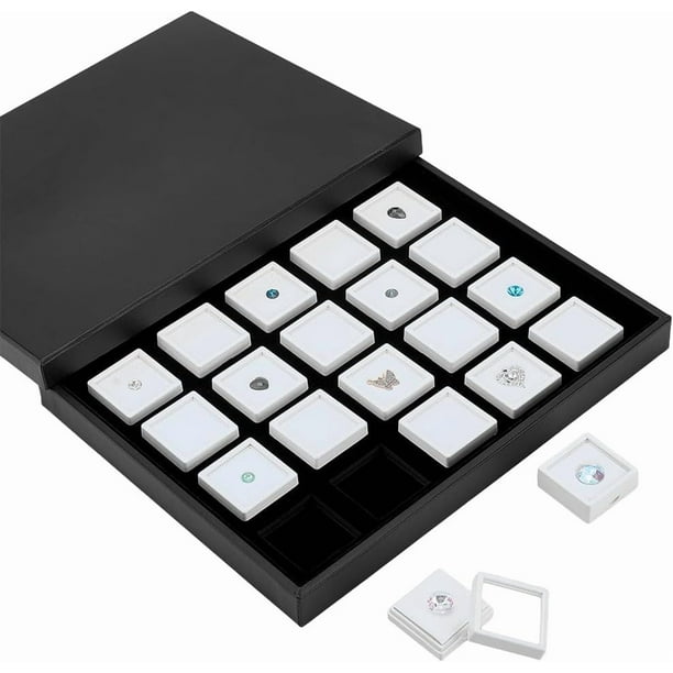 Bandejas negras para joyas con 20 cajitas cuadradas blancas para gemas. Vitrina para diamantes de 4 cm (1,6 pulgadas) con ventana transparente e inserto de esponja blanca.