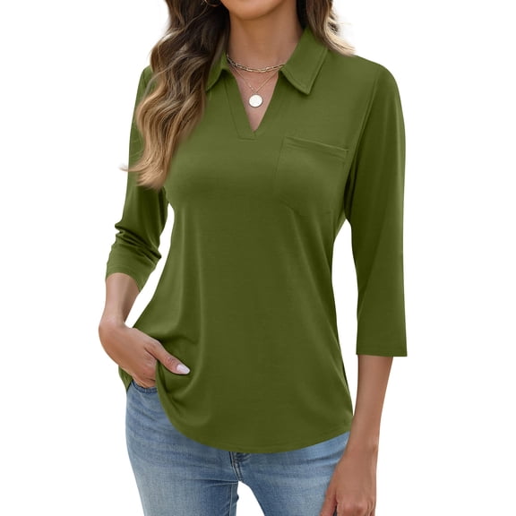 BOMYJESK Womens Polo Shirts 3/4 Sleeve Collared Top V neck Tennis Golf Shirt Casual Work Cotton Tunics Tees 2026 Oversized Activewear With pocket Army Green L