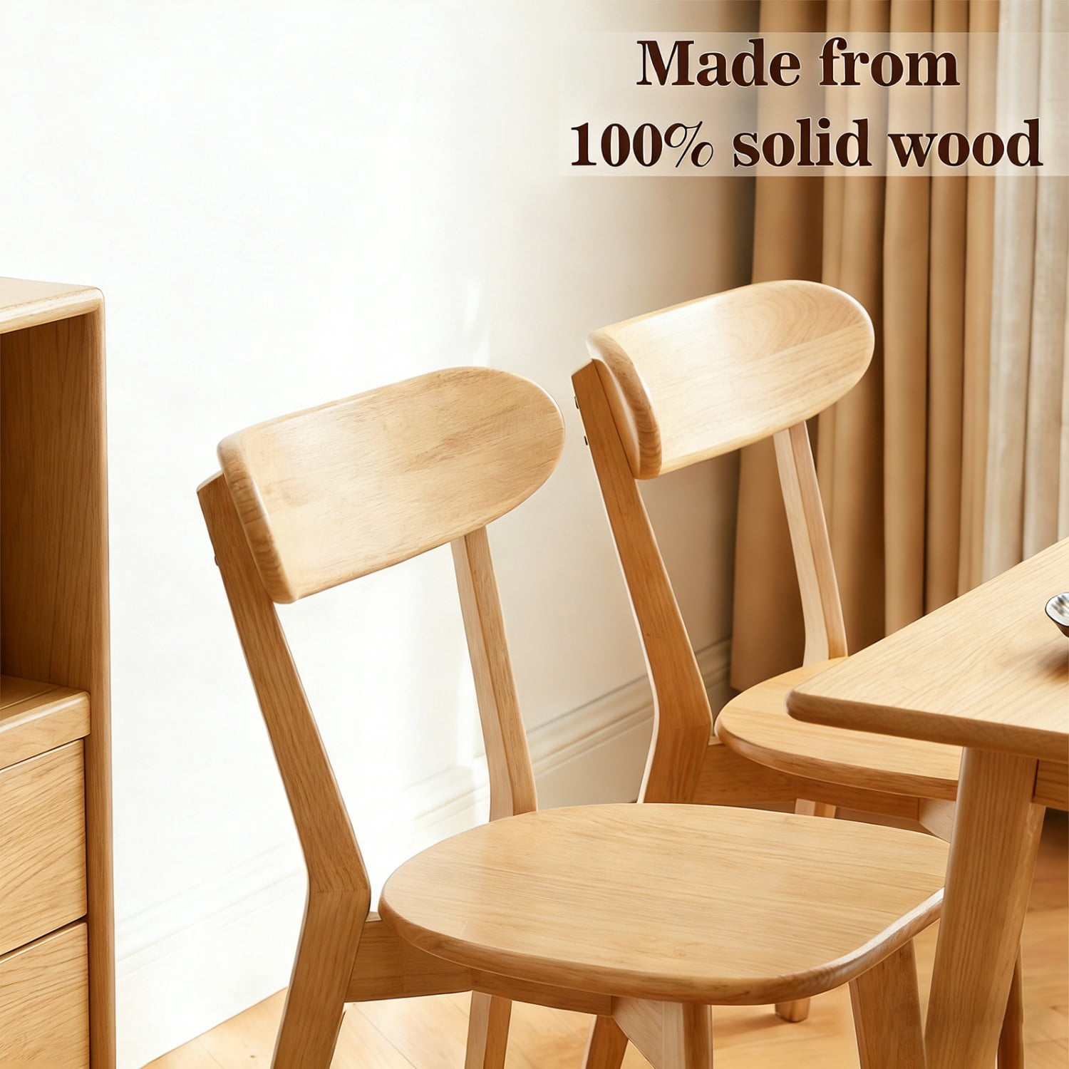 100% Natural Solid Wood Dining Chairs Set of 4 Mid Century Modern Kitchen Chairs with Curved Backrest Adjustable Foot Pads Walnut Dining Room Living Room Study Chairs, Natural