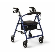 Medline Aluminum Foldable Adult Transport Rollator Mobility Walker with Seat and 6" Wheels, Blue