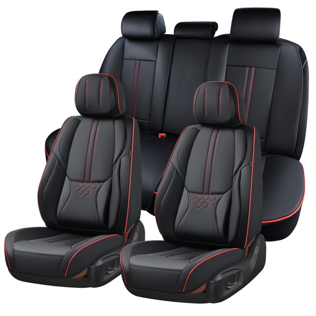 Juego completo de fundas para asientos de coche BWTJF de piel sintética, negro y rojo