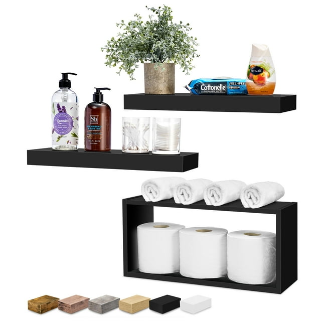 Sorbus Floating Shelves for Wall Set of 3 - Bathroom Shelves for Wall Storage, Over Toilet, Bedroom, Farmhouse, Wall Decor - 2 Floating Shelves with Invisible Brackets & 1 Rectangular Box
