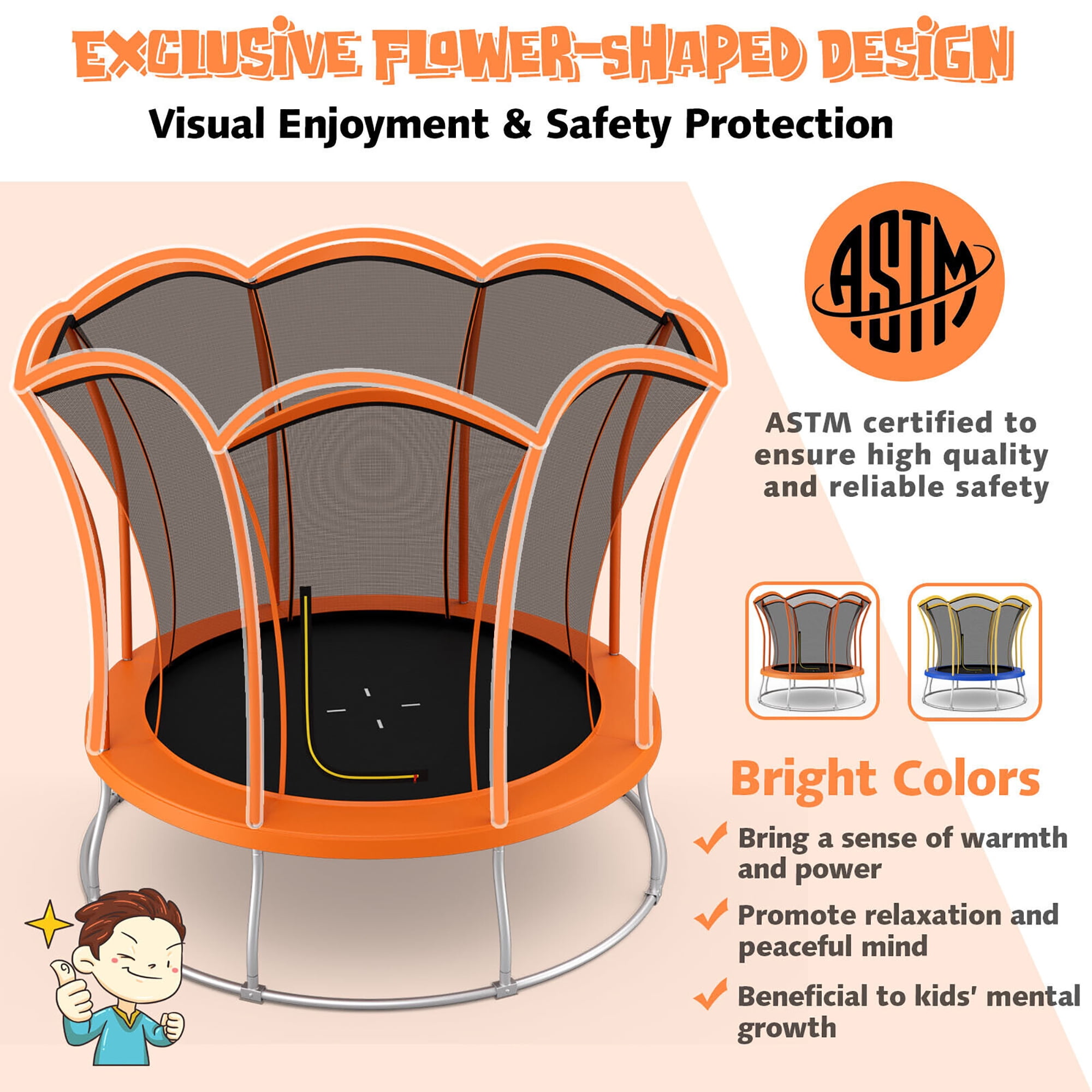 Gymax 8FT Certified Recreation Trampoline w/ Exclusive Flower Shape Enclosure Net Orange