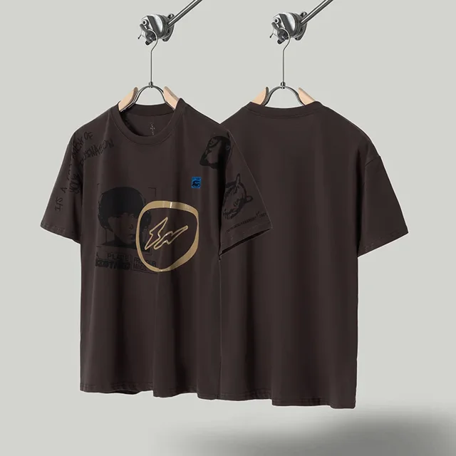 Yao888-Camiseta con estampado gráfico de espuma para hombre, ropa de calle de gran tamaño, estilo hip hop, informal, Y2k, 1:1Brown-TS02
