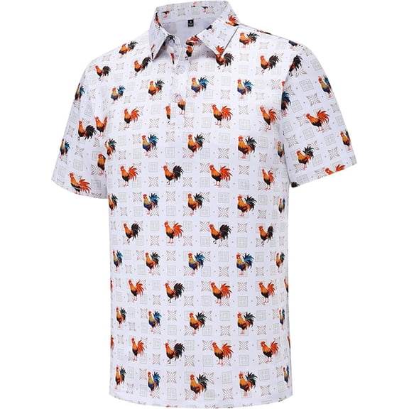 Bibifish Mens Polo Shirts Rooster Pattern All Over Print Short Sleeve Shirts Classic Fit Holiday Casual Tops