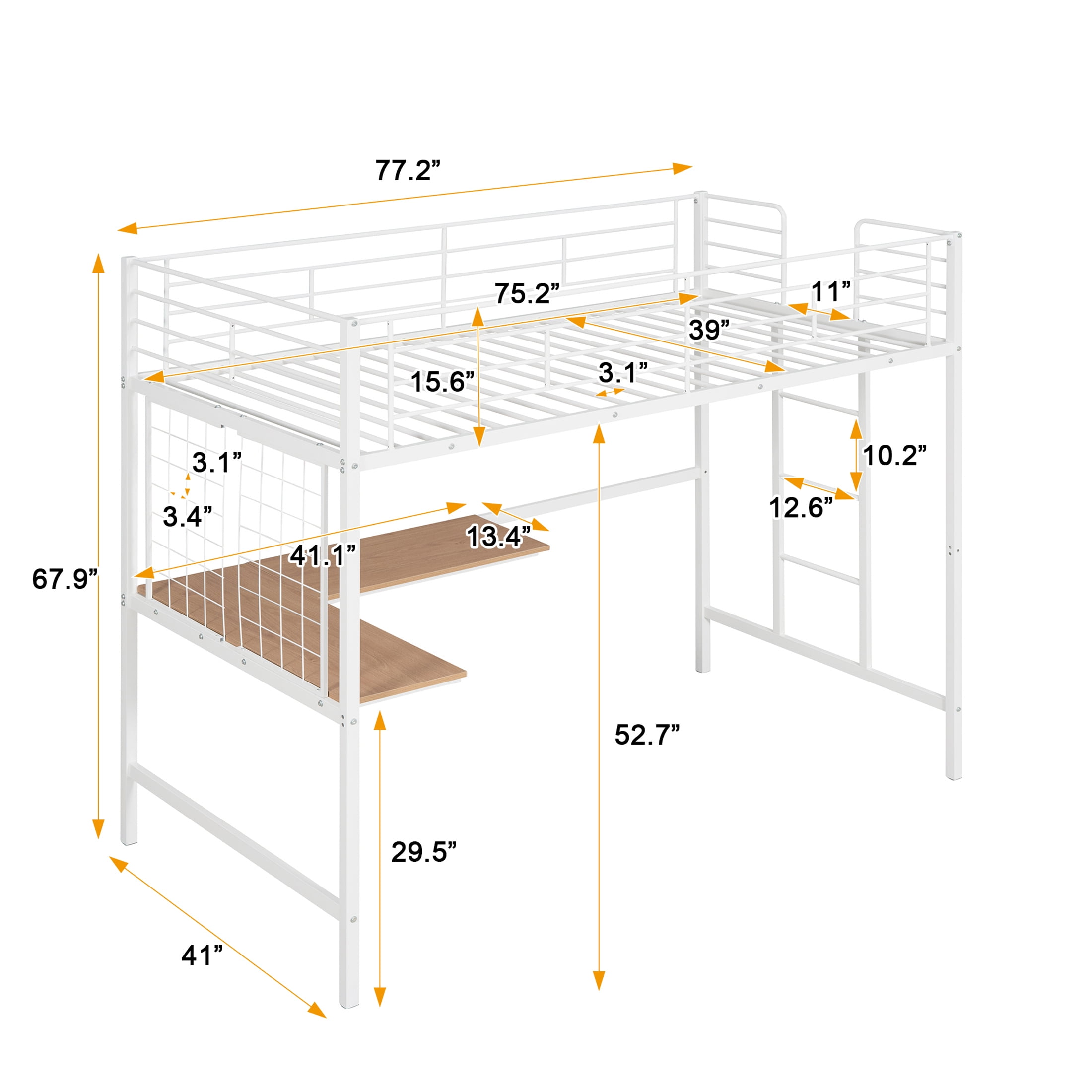 Aukfa Twin Loft Bed with L Shape Desk, Heavy Duty Metal Bed Frame for Kids Teens, White
