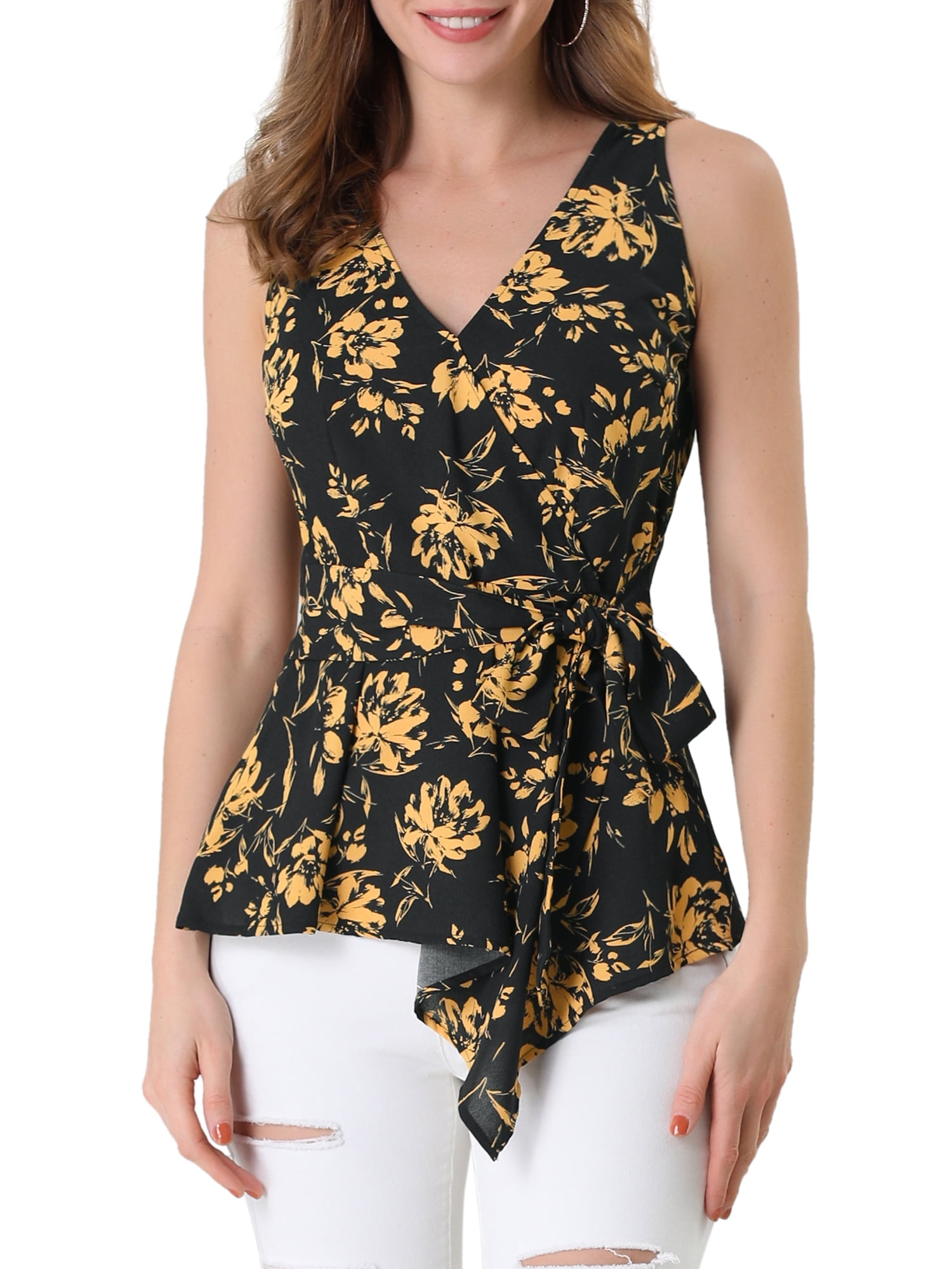 DARING DIVA Women's V Neck Sleeveless Wrap Peplum Tie Waist Top L Black Yellow