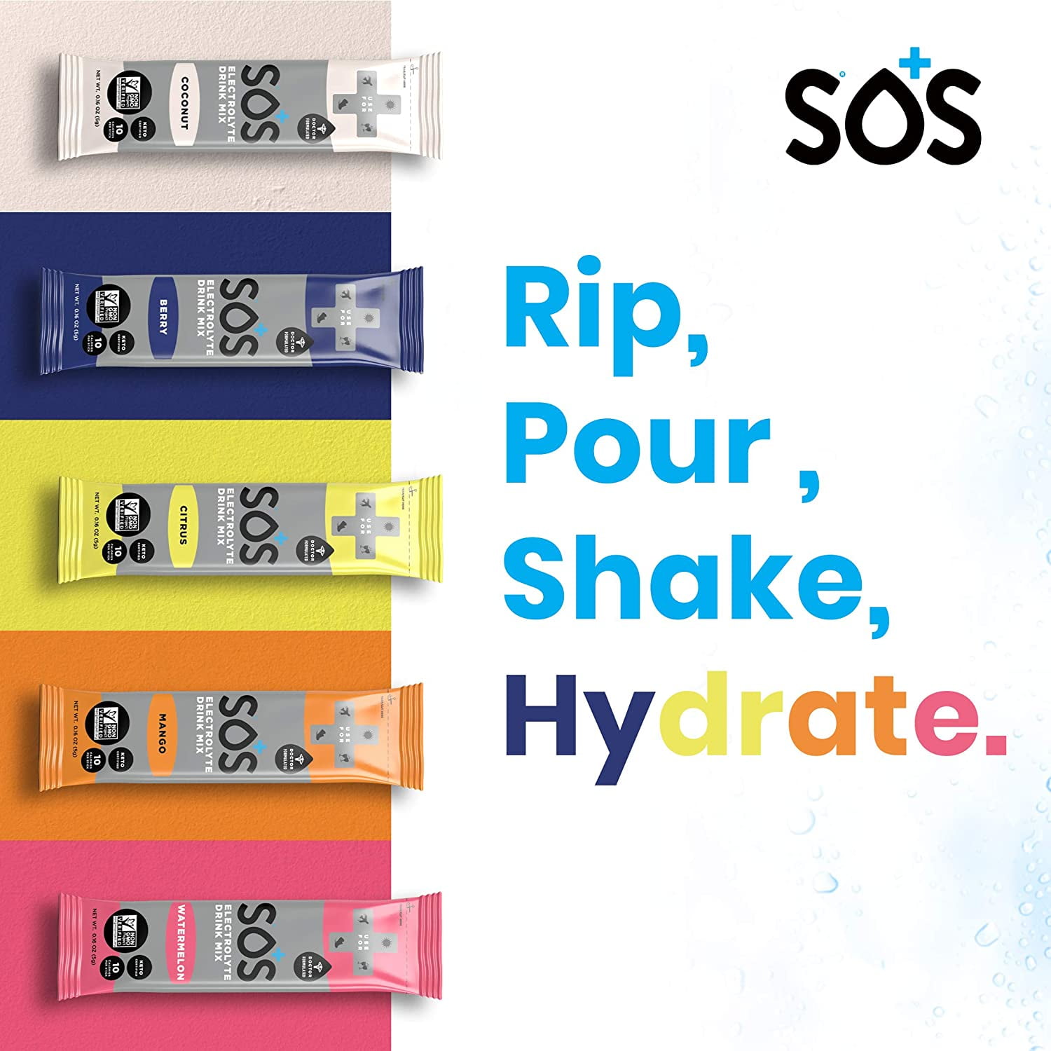 SOS Hydration Electrolyte Powder Packets Drink Mix, Berry Flavor Stick Packet