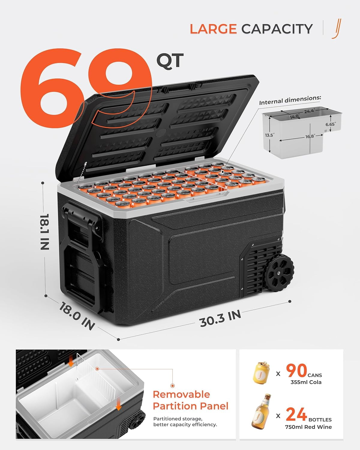 12V Fridge 69Qt Portable Electric Cooler, Compressor Refrigeration -4°F to 68°F, 12/24V DC & 100-240V AC, Wheels Trolley Case, for Truck Camping Travel RV Freezer