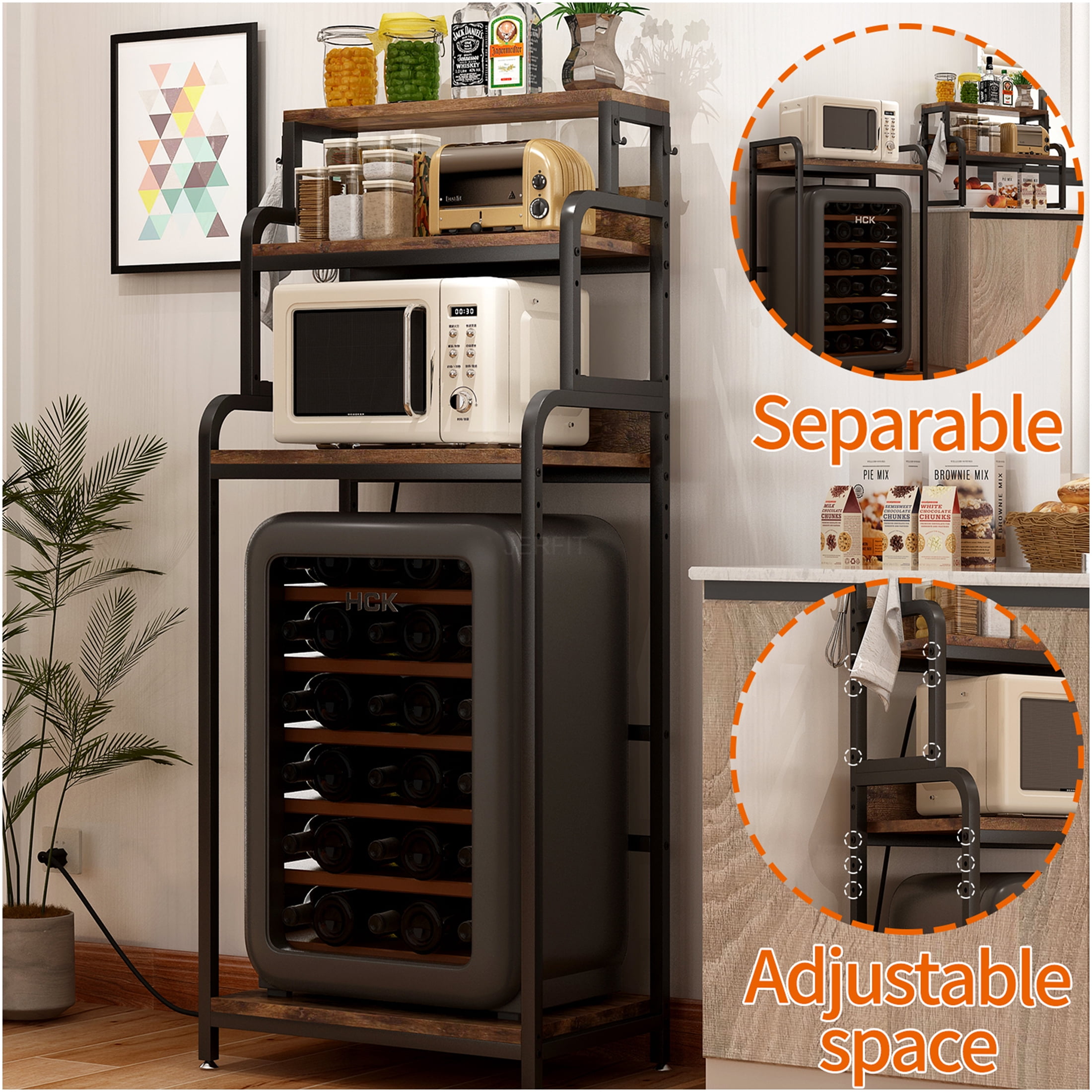 JERFIT 4-Tier Kitchen Storage Cart with Mini Fridge Stand, Microwave Rack & Adjustable Shelves, 200lb Capacity, Walnut Brown