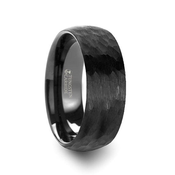 Renegade Domed Hammer Finish Black Tungsten Carbide Wedding Band With Brushed Finish