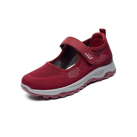 

UKAP Ladies Sneakers Comfort Walking Shoes Mesh Mary Jane Fashion Casual Shoe Women s Flats Adjustable Strap Breathable Wine Red 5
