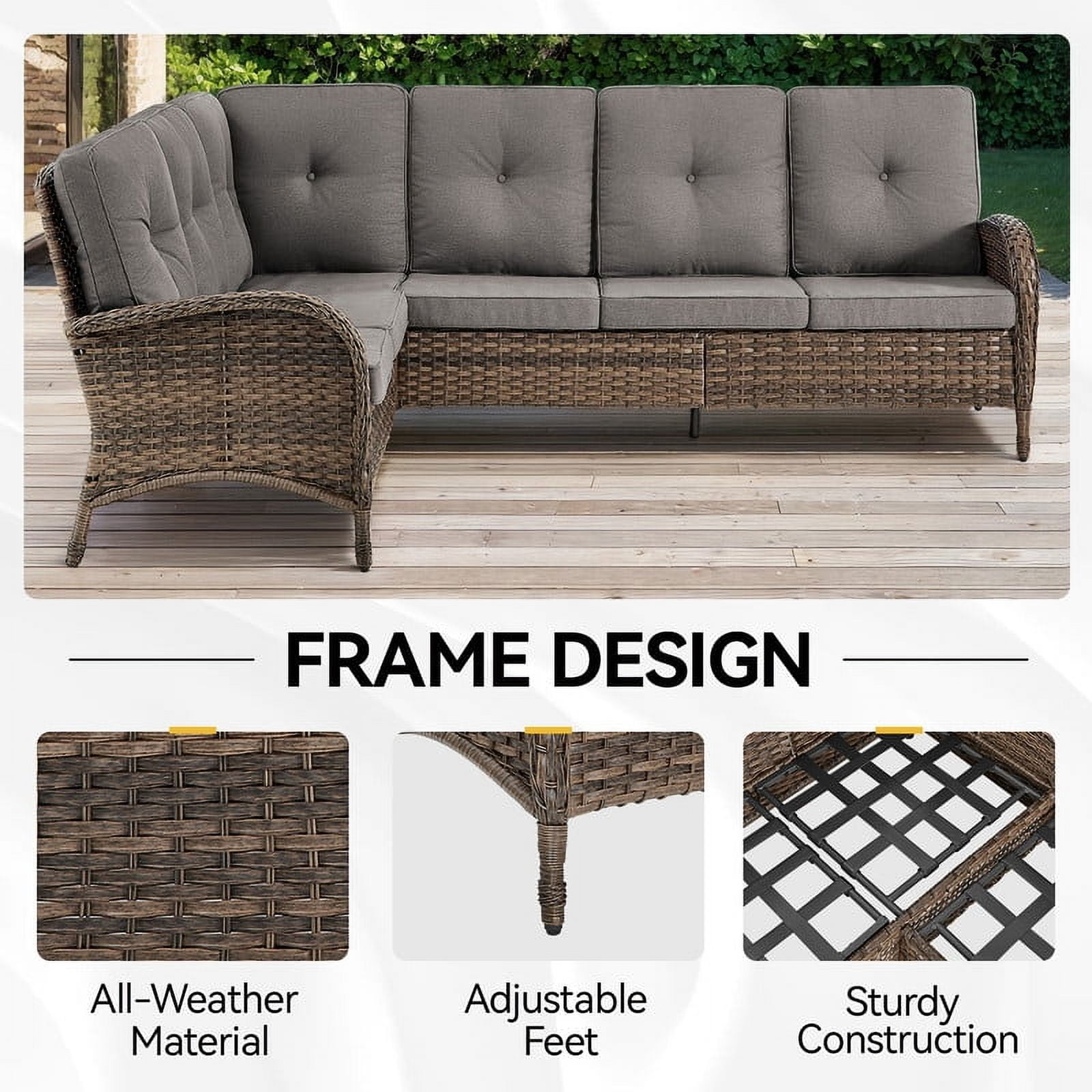 PARKWELL 8-Piece Outdoor Sectional Furniture Set,Patio Wicker L Shaped Couch High Back Conversation Set with Coffee Table Rocking Chair for Garden Yard,Brown Wicker Gray Cushion
