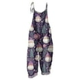 thumbnail image 4 of Women's Christmas Printed Cotton Linen Jumpsuit - Casual Loose Retro Overalls With Pockets, Dark Purple Size XXL, 4 of 7