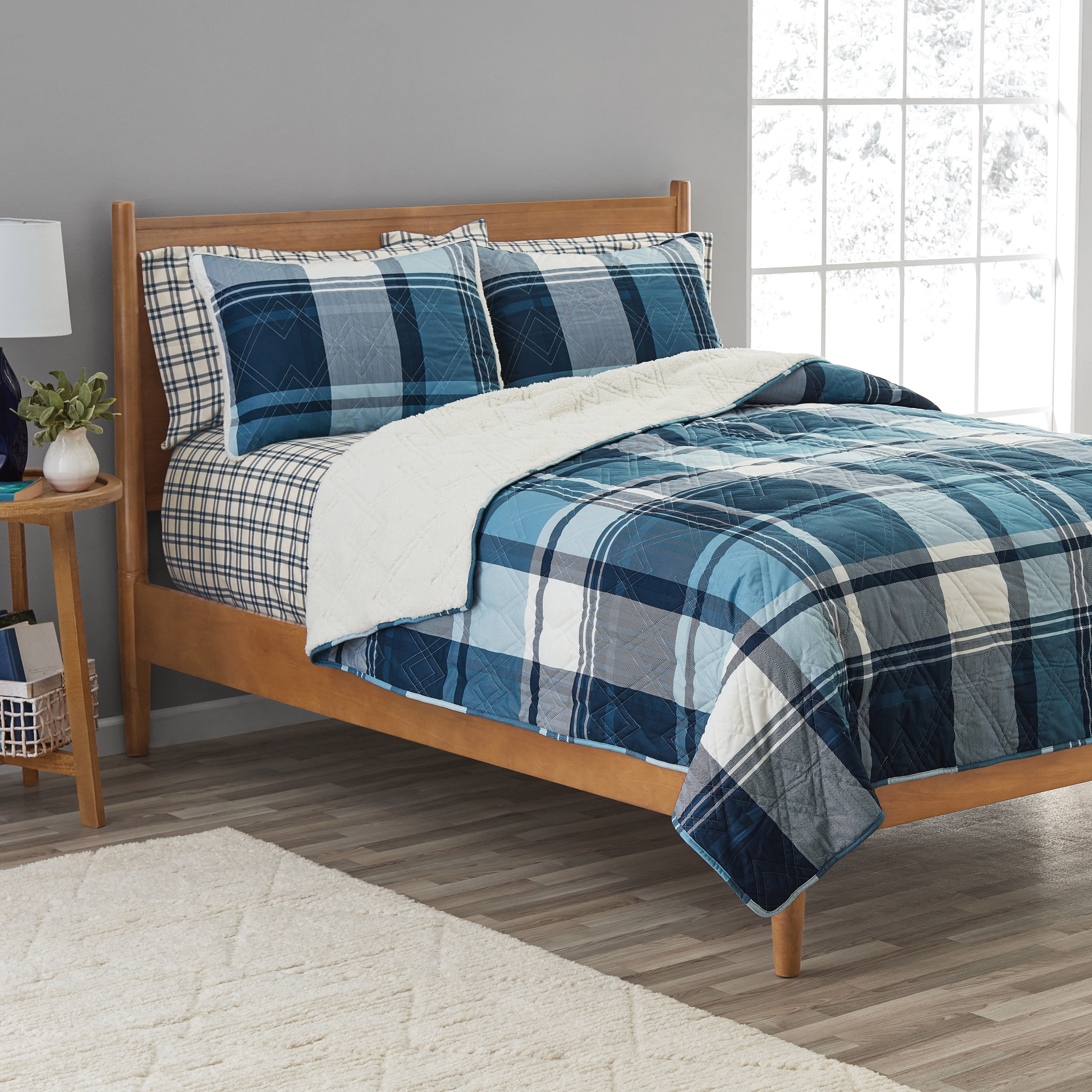 Mainstays 3-Piece Adult Quilt Set, Blue Plaid, Full/Queen
