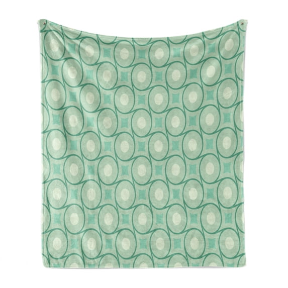 Mint Soft Flannel Fleece Throw Blanket, Circles and Dots Linked with Lines Wavy Squares Geometric Retro Style, Cozy Plush for Indoor and Outdoor Use, 60" x 80", Almond Green Emerald, by Ambesonne