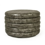 Zentique 20.5" Gray Distressed Finish Upholstered Cylindrical Ottoman