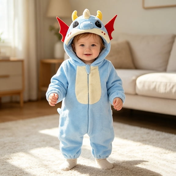 FASHOFT Baby Boy Halloween Outfit Flannel Dinosaur Animal Onesies Fall Winter Cosplay Romper Loungewear For Kids Home Sleep Wear Halloween Blue 19-24 Months