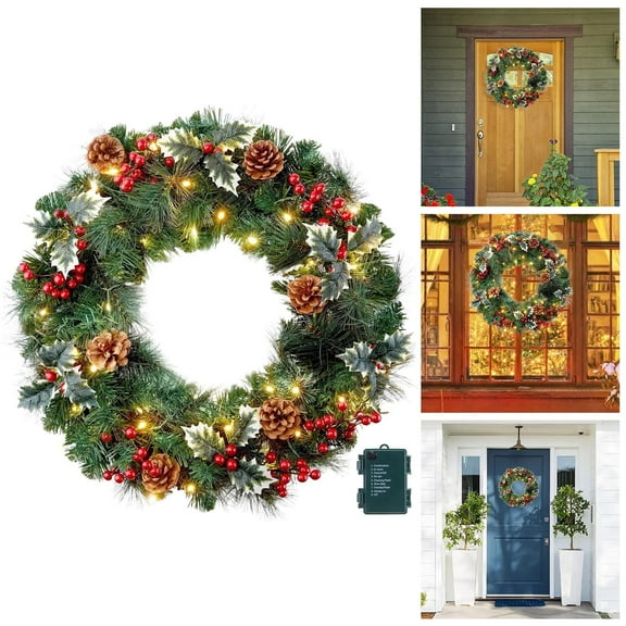 16Inch Pre-Lit Christmas Wreath with Timer, Battery Operated Artificial Wreath with 20 Warm White LEDs for Outdoor and Indoor Front Door, Wall, Window, and Fireplace X-mas Decoration