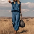 thumbnail image 4 of Cagogo Women Plus Size High Neck Sleeveless 2 Piece Set Casual Loose Fit Solid Summer Vacation Outfits Boho Print Pants Matching Lounge Sets Cruise Travel Clothes, Dark Blue L, 4 of 6