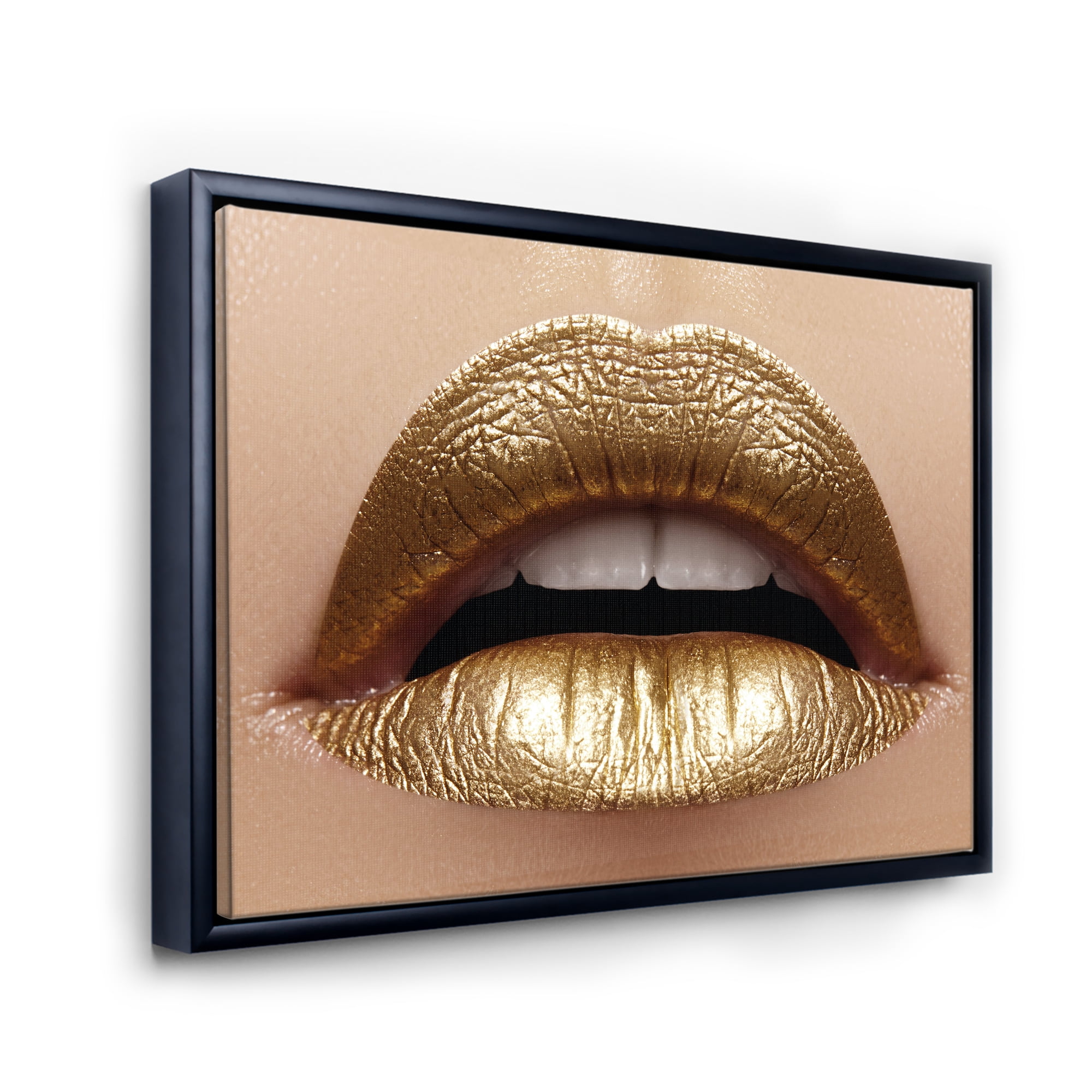 Designart 'Close Up of Woman Plump Lips With Golden Lipstick' Modern Framed Canvas Wall Art Print