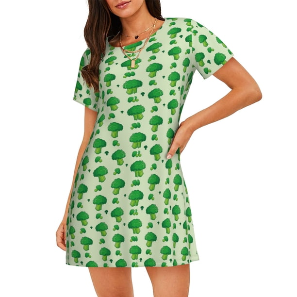 Disketp Broccoli 1 para Camisón Corto de Manga Corta para Mujeres, Camisón Cómodo con Escote Redondo, Bonito y Confortable