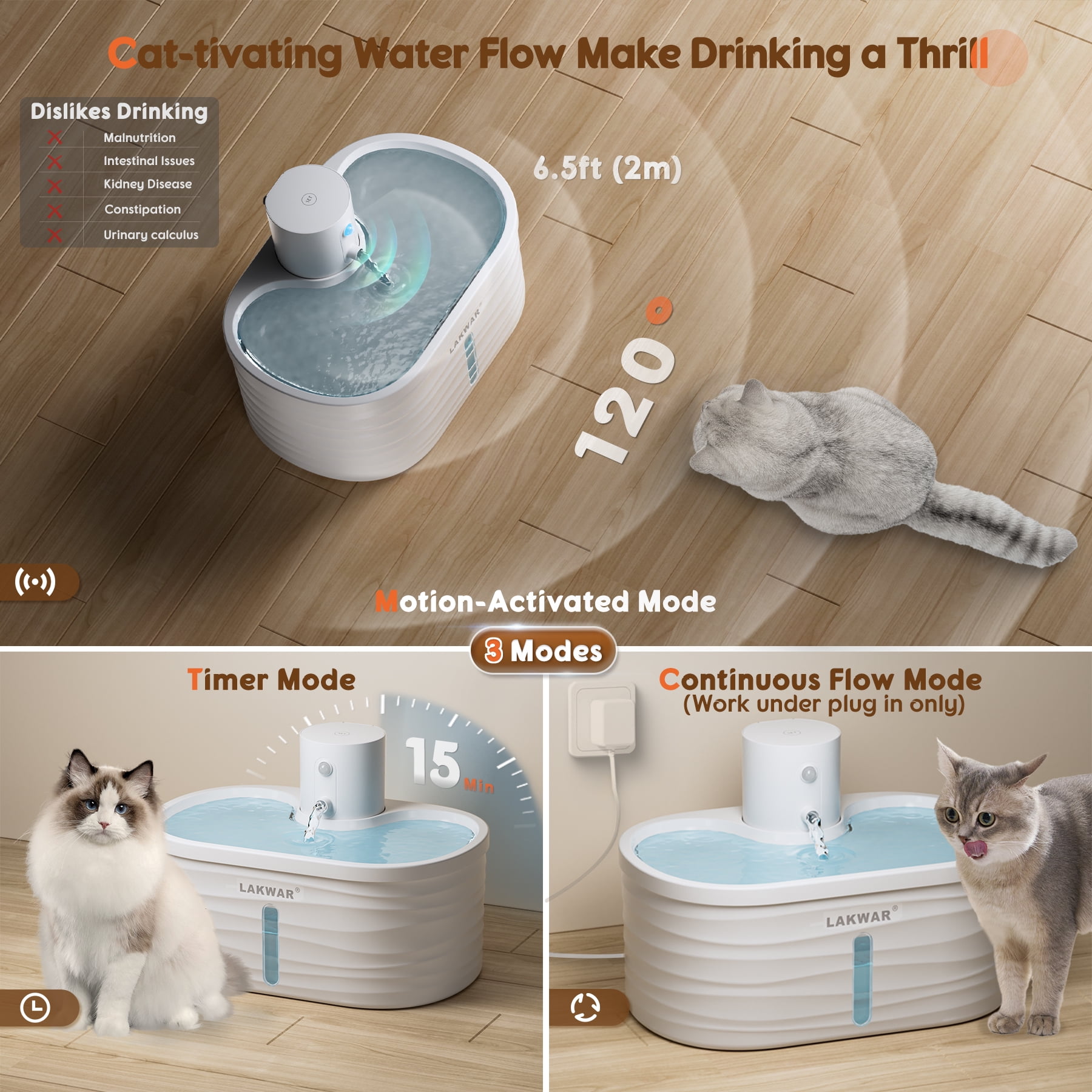 LAKWAR Cat Water Fountain Auto-3 Water Flow Modes 5000mAh Battery Ultra Quiet Automatic Cats Water Fountain Cordless Dog Water Dispenser with Replacement Filters-BPA Free