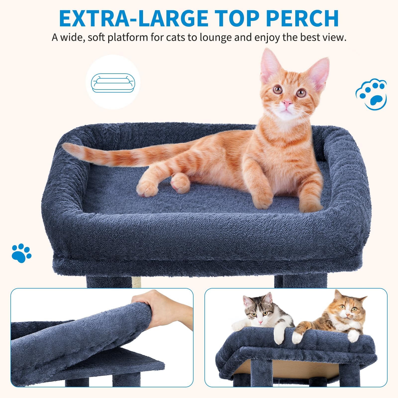 61" Heavy-Duty Cat Tree for Large Indoor Cats & Maine Coons – Multi-Level with Extra-Large Perch, 2 Spacious Condos, Sisal Scratching Posts & Interactive Toys – Stable Base