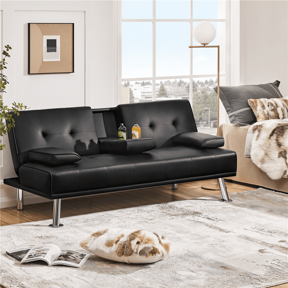Renwick LuxuryGoods Modern Faux Leather Futon with Cupholders and Pillows, Black  (图3)