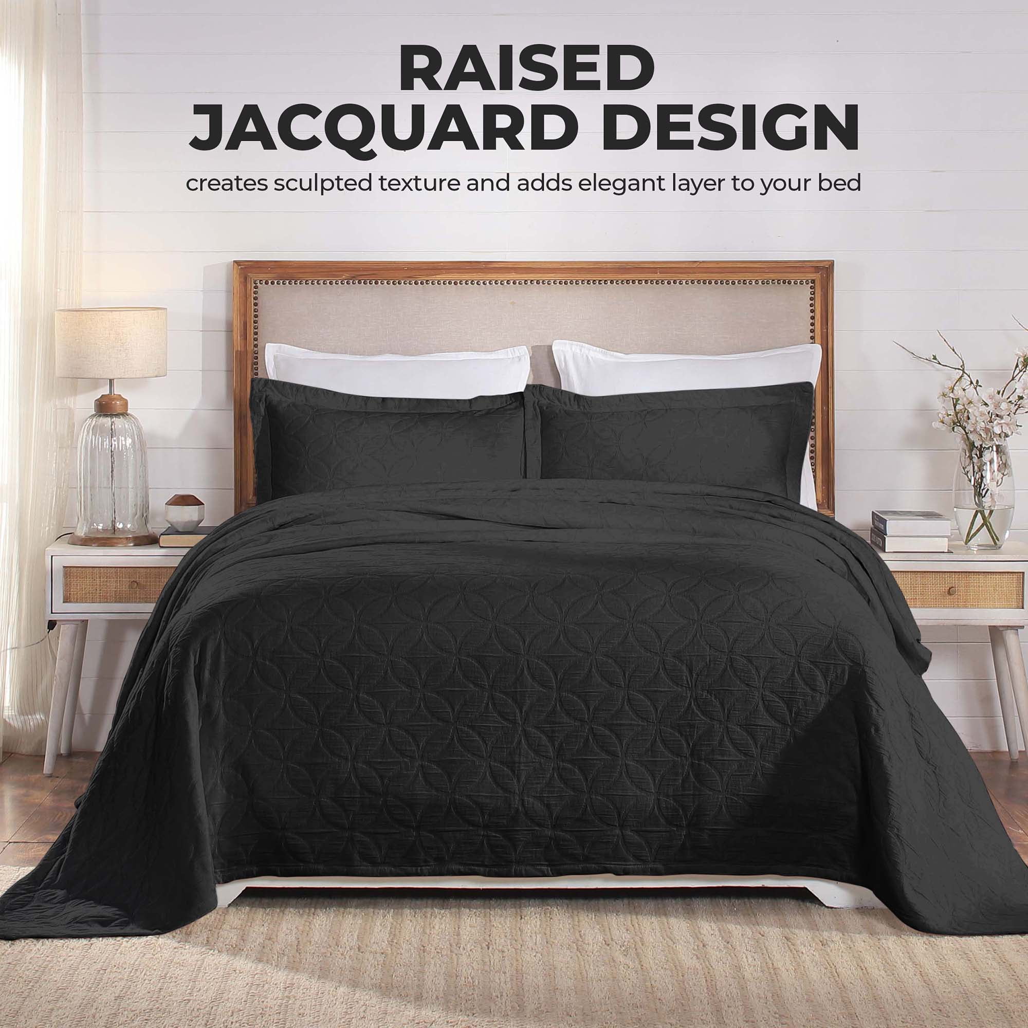 Superior 3-Piece Serenity Cotton Matelasse Black Bedspread Set, Full