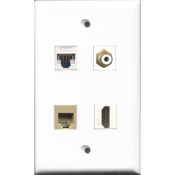RiteAV 1 Port HDMI and 1 Port RCA White and 1 Port Phone RJ11 RJ12 Beige and 1 Port Cat5e Ethernet White Wall Plate