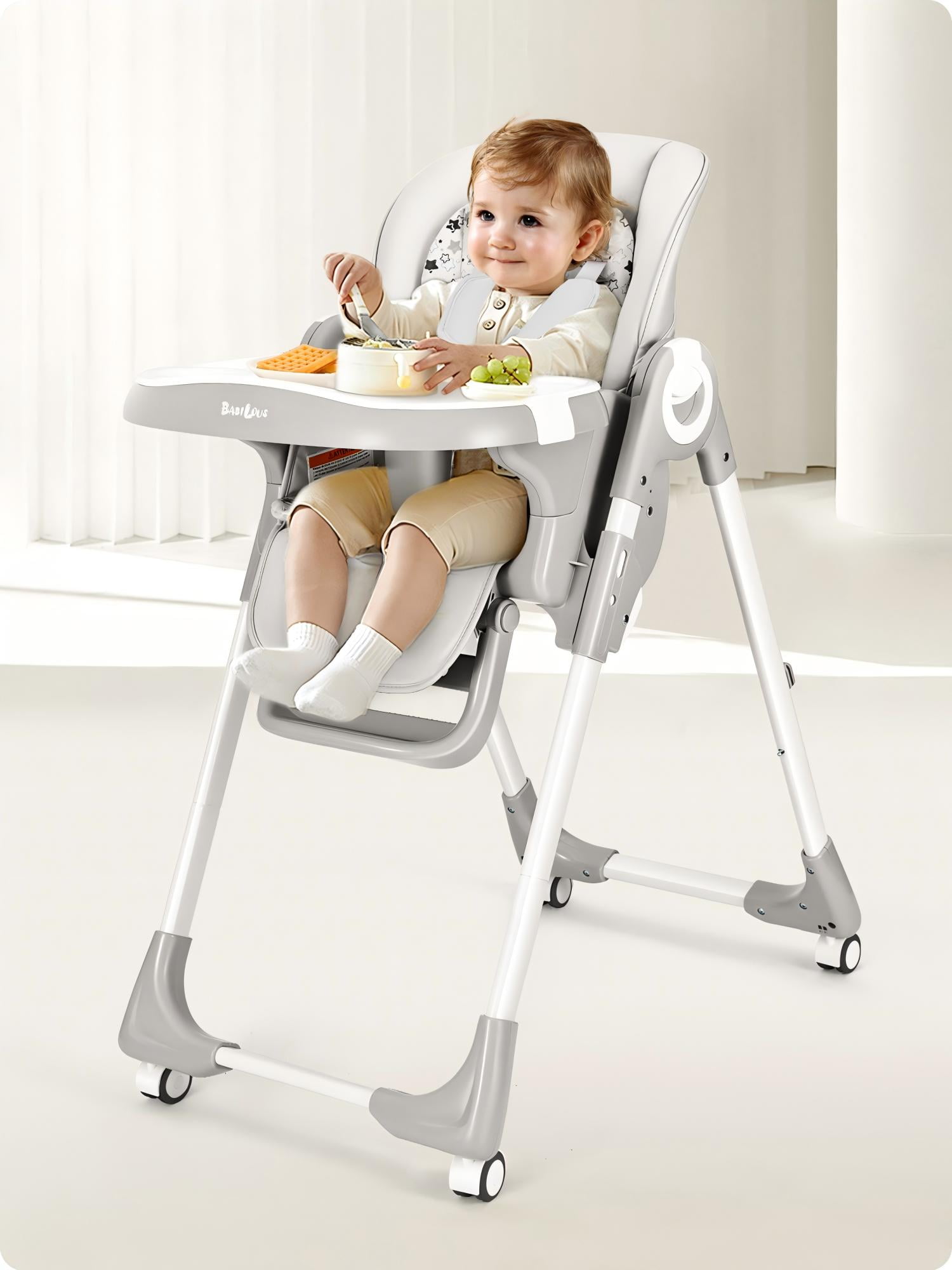 Babilous Foldable High Chair with Soft Cushion, High Chairs for Babies and Toddlers, Height Adjustable Feeding Chair, Adjustable Backrest and Footrest, Lockable Wheels, Gray