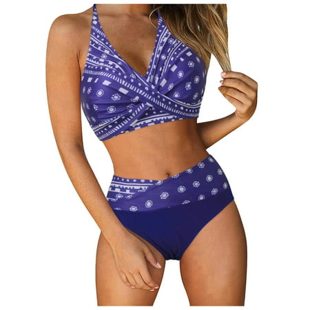 Rrunsv Womens Tummy Control Bathing Suits Modest High Waisted Bikini Sets Cute Halter 2 Piece Swim Suit 2025 Sexy Black Women s Swimwear Dark Blue XL