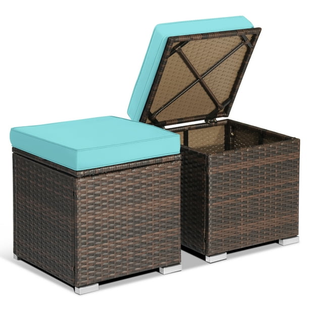 Gymax 2PCS Outdoor Patio Ottomans Hand Woven PE Wicker Footstools