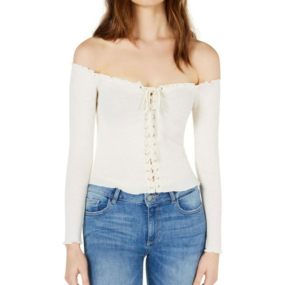 Project 28 Womens Lace-Up Off the Shoulder Blouse, Off-White, Large