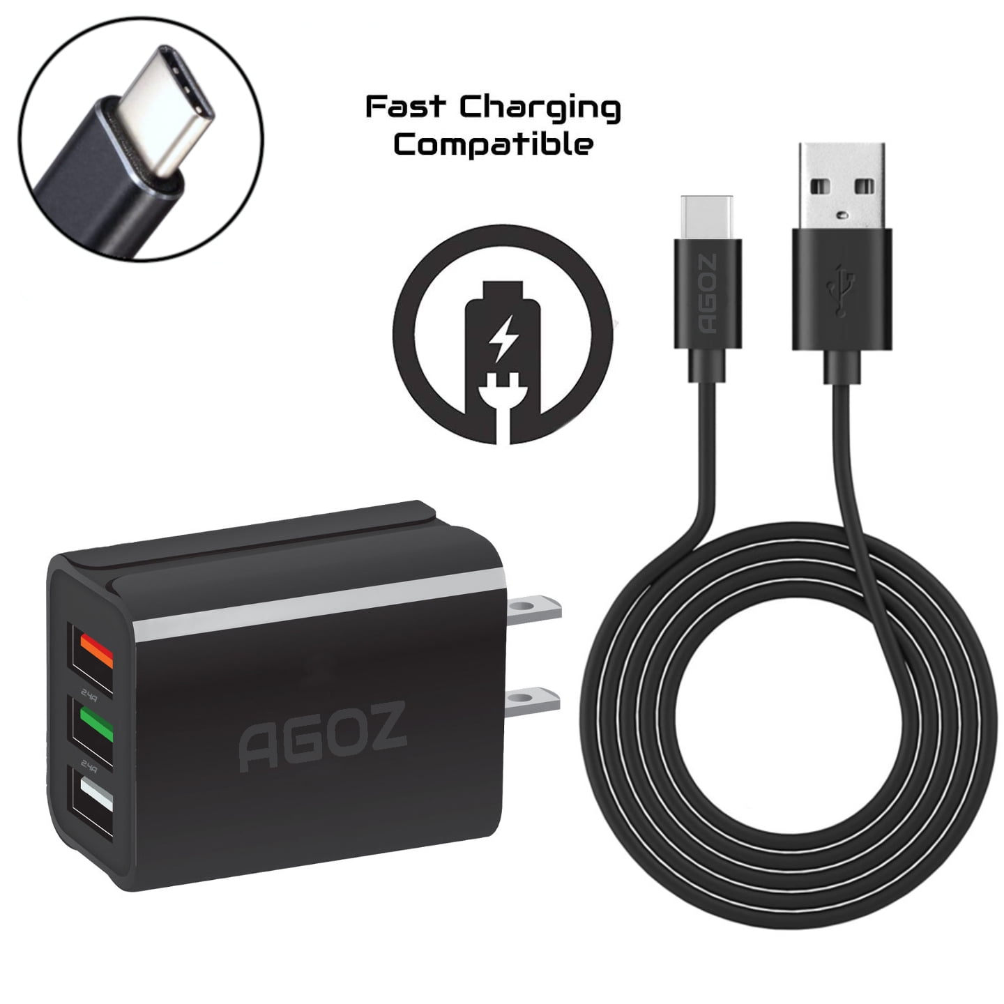 Agoz 3 USB Port Wall Fast Charger Adapter For Motorola Moto G7, G7 Play, G7 Plus, G7 Power, G7 Supra, Moto Z4, Z3 Play, Z2 Force, Z2 Play, Z Droid Edition, Z Force, Moto X4 + 6ft USB-C Cable