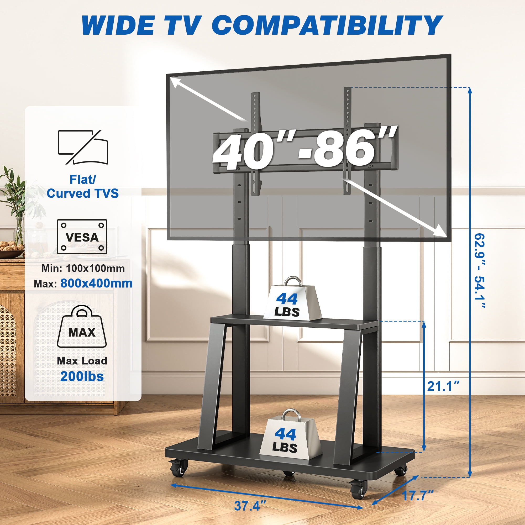 RTVR Rolling TV Cart Stand on Wheels for 40-86 inch TVs with Storage Shelves, Reinforced Wide Base up to 200lbs, Black