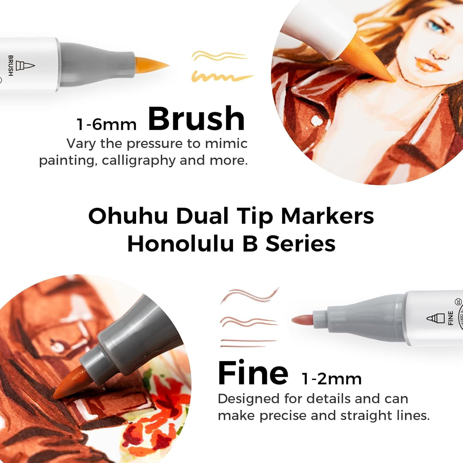 Ohuhu 24 Skin-Tone Colors Alcohol Markers Comes w/ 1 Colorless Alcohol Marker Blender (Fine & Brush)-New Color Codes