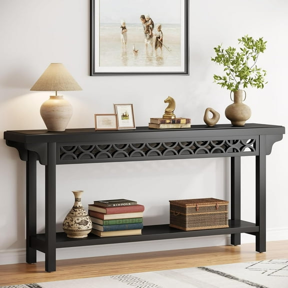 Tribesigns 70.8-Inch Solid Wood Long Console Table, Farmhouse Entryway Table with Storage, Narrow Sofa Table for Living Room Entryway Hallway (Black)