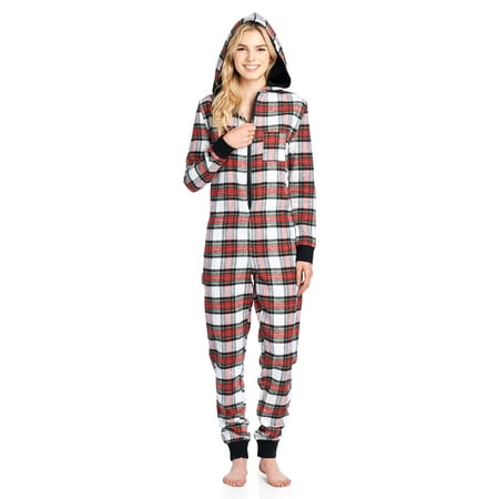 Ashford & Brooks Women's Flannel Hooded One Piece Pajama Union Jumpsuit - Dress Stewart - Large